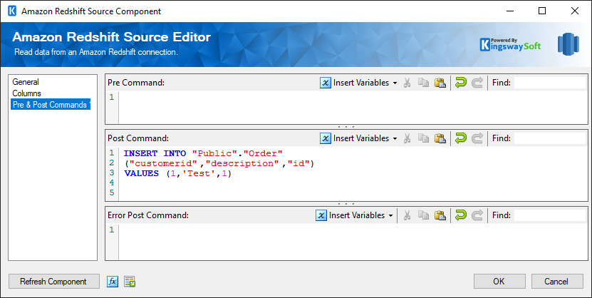 Amazon Redshift Source component - Pre and Post Commands